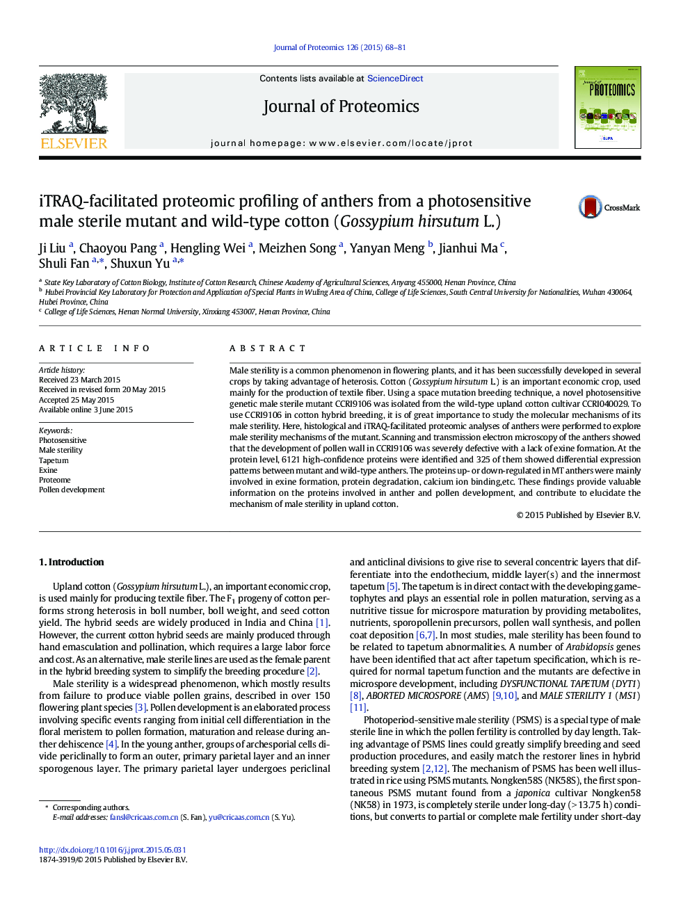 iTRAQ-facilitated proteomic profiling of anthers from a photosensitive male sterile mutant and wild-type cotton (Gossypium hirsutum L.)