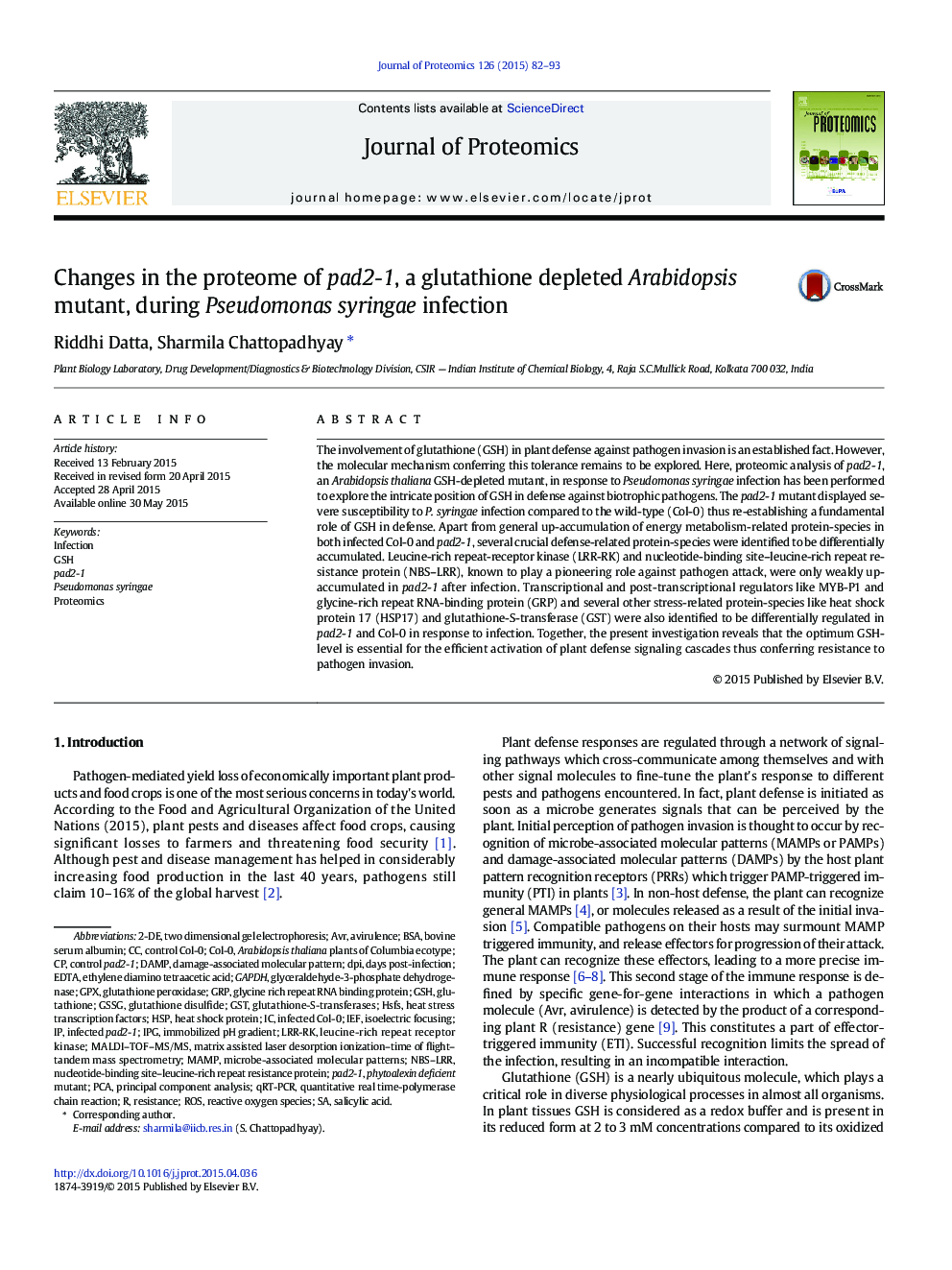 Changes in the proteome of pad2-1, a glutathione depleted Arabidopsis mutant, during Pseudomonas syringae infection