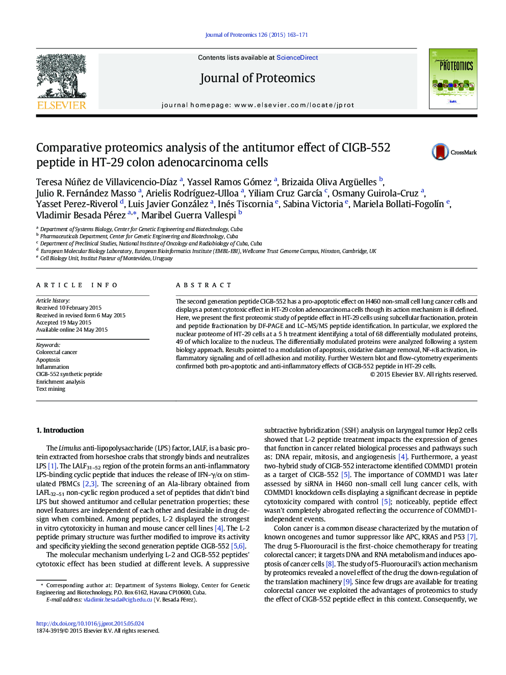 Comparative proteomics analysis of the antitumor effect of CIGB-552 peptide in HT-29 colon adenocarcinoma cells