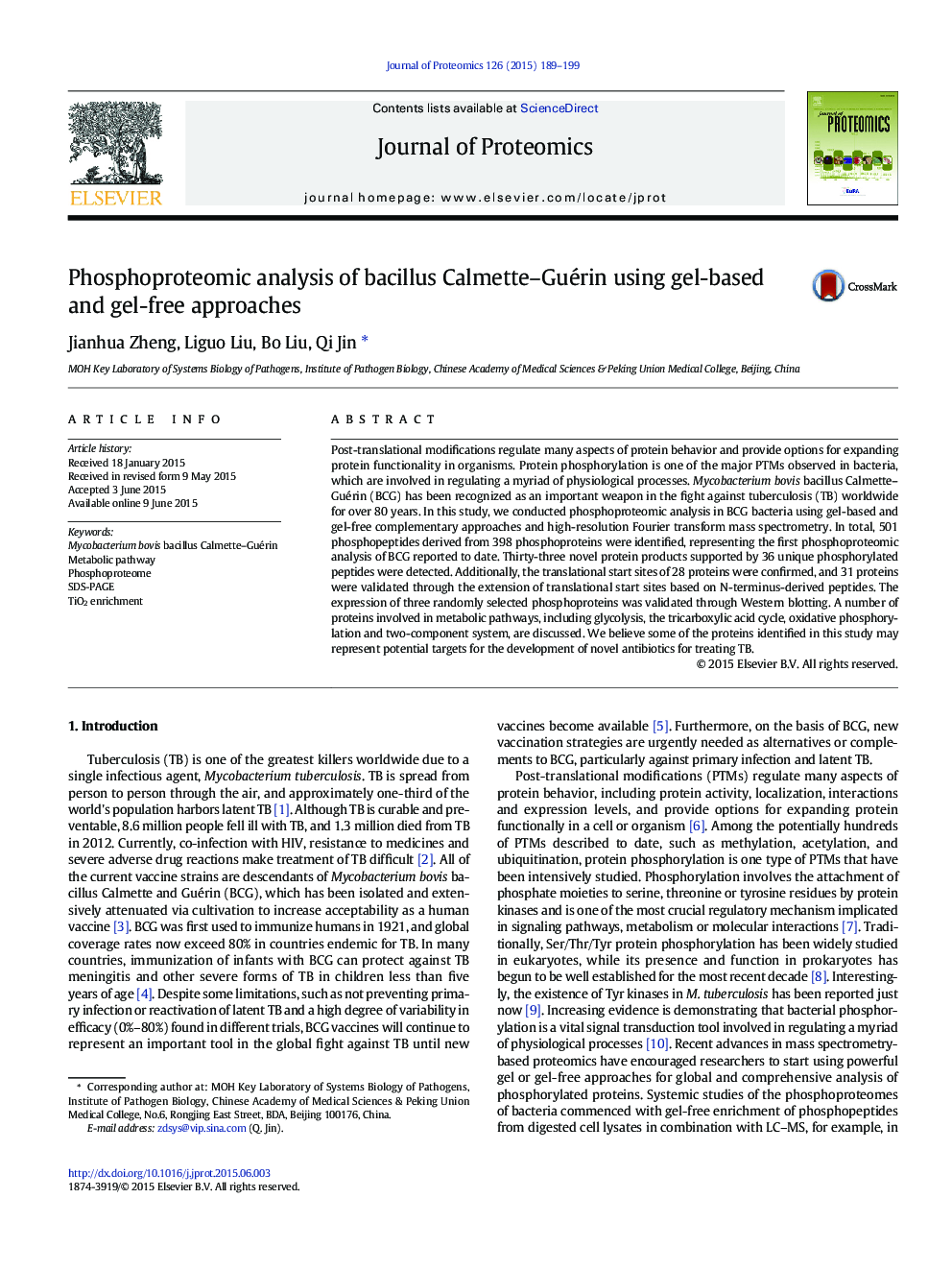 Phosphoproteomic analysis of bacillus Calmette–Guérin using gel-based and gel-free approaches