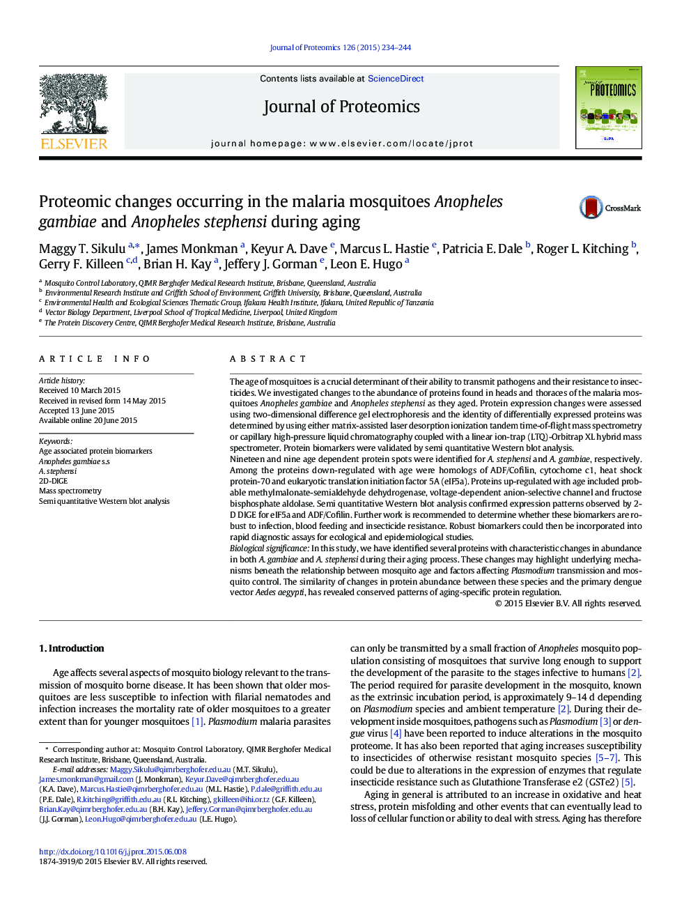 Proteomic changes occurring in the malaria mosquitoes Anopheles gambiae and Anopheles stephensi during aging