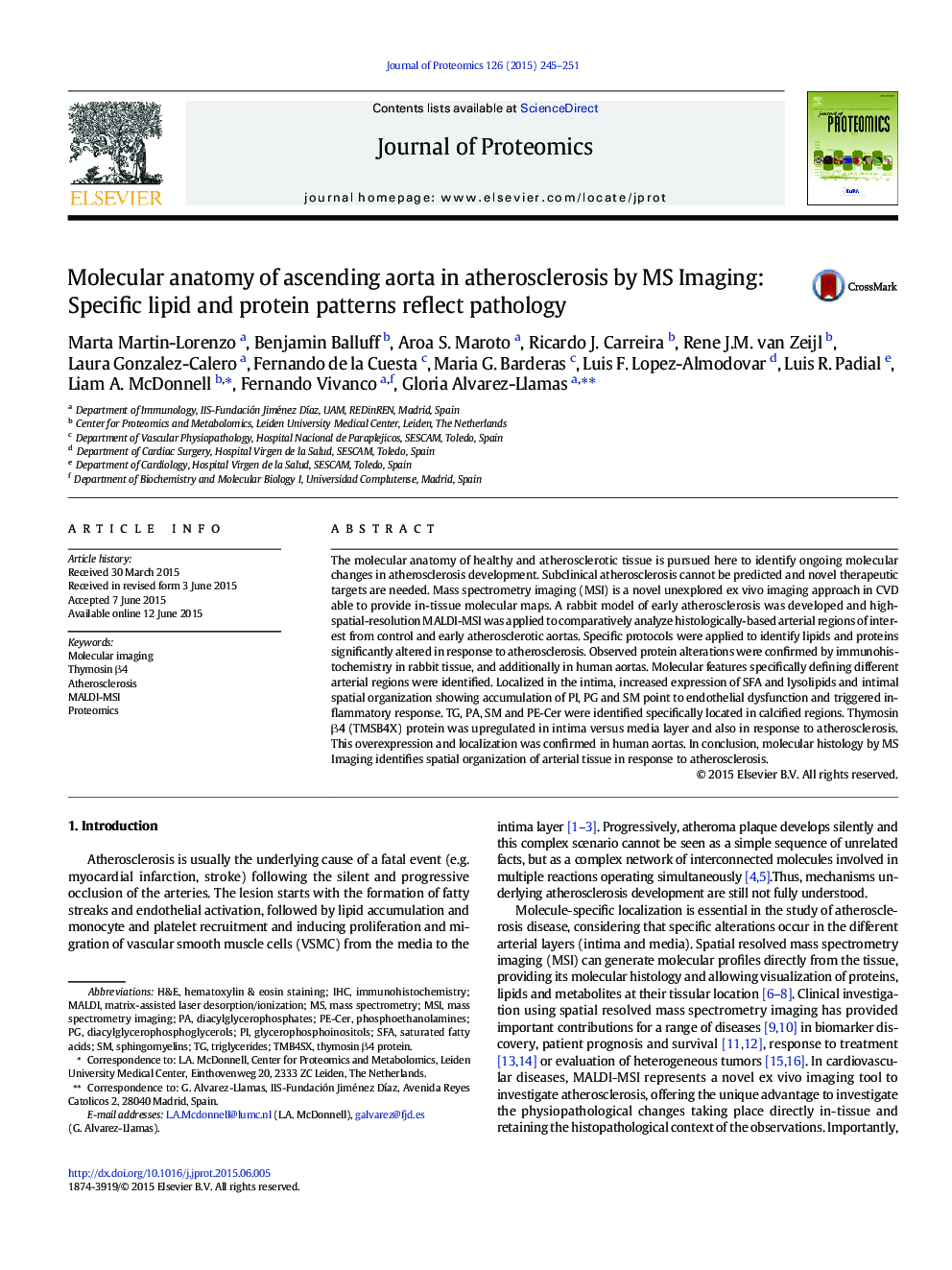 Molecular anatomy of ascending aorta in atherosclerosis by MS Imaging: Specific lipid and protein patterns reflect pathology