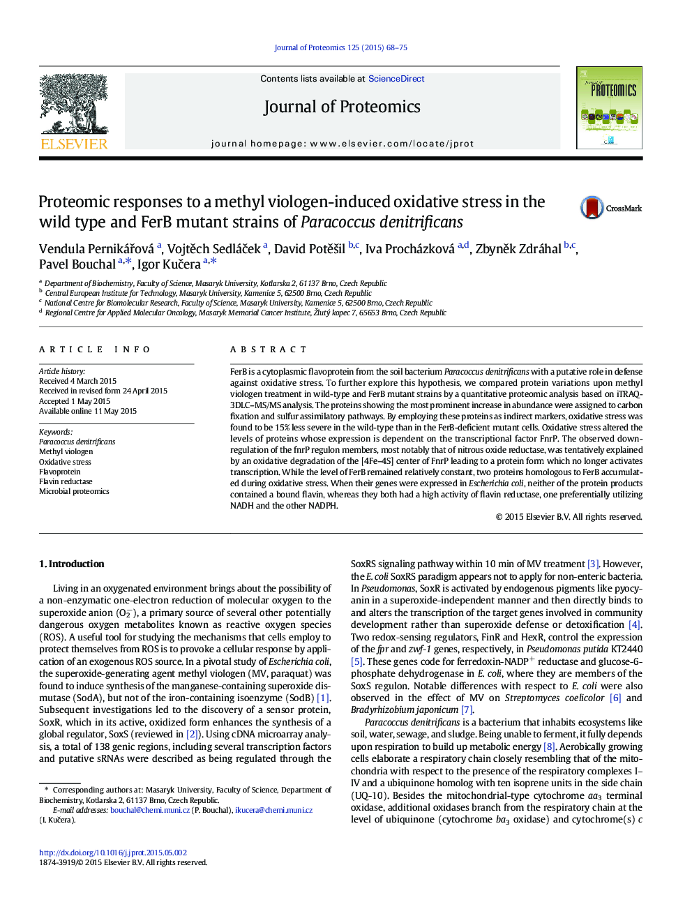 Proteomic responses to a methyl viologen-induced oxidative stress in the wild type and FerB mutant strains of Paracoccus denitrificans