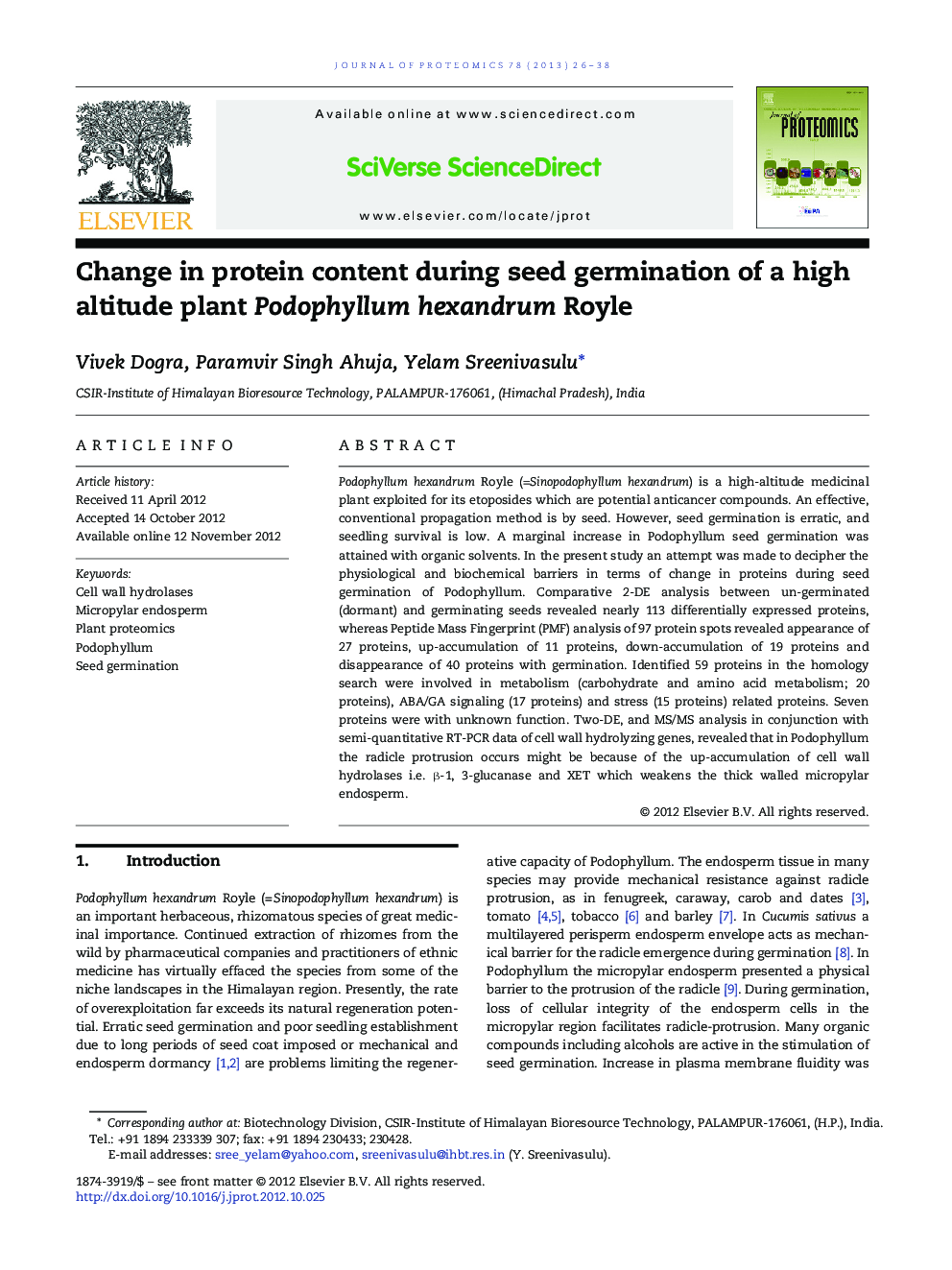 Change in protein content during seed germination of a high altitude plant Podophyllum hexandrum Royle