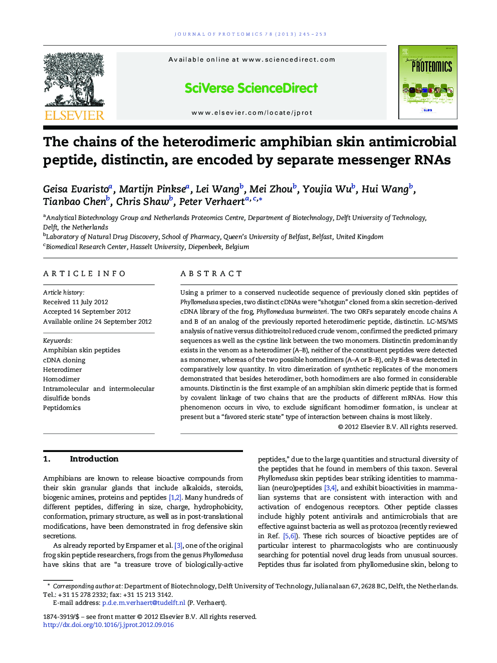 The chains of the heterodimeric amphibian skin antimicrobial peptide, distinctin, are encoded by separate messenger RNAs