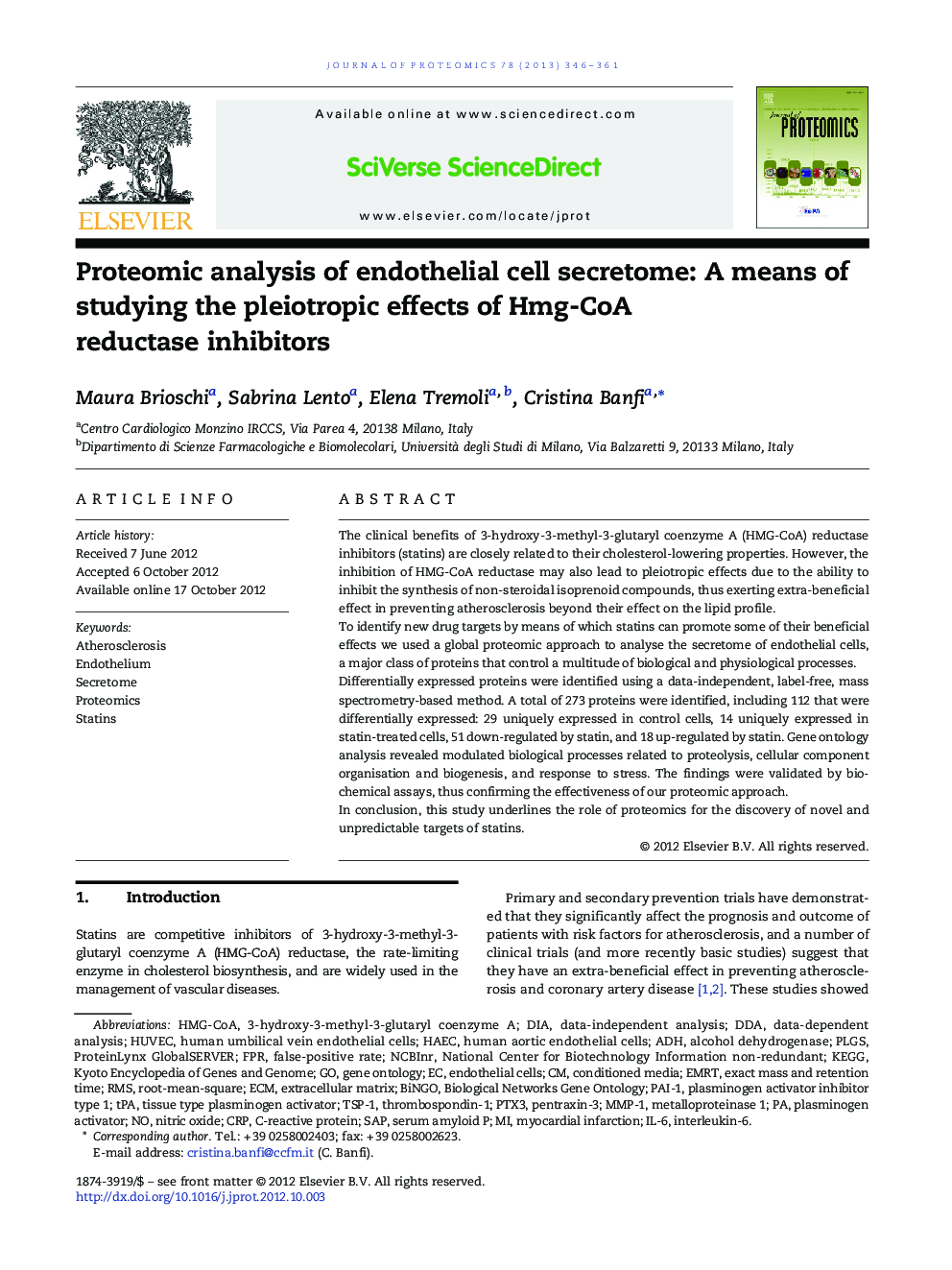 Proteomic analysis of endothelial cell secretome: A means of studying the pleiotropic effects of Hmg-CoA reductase inhibitors