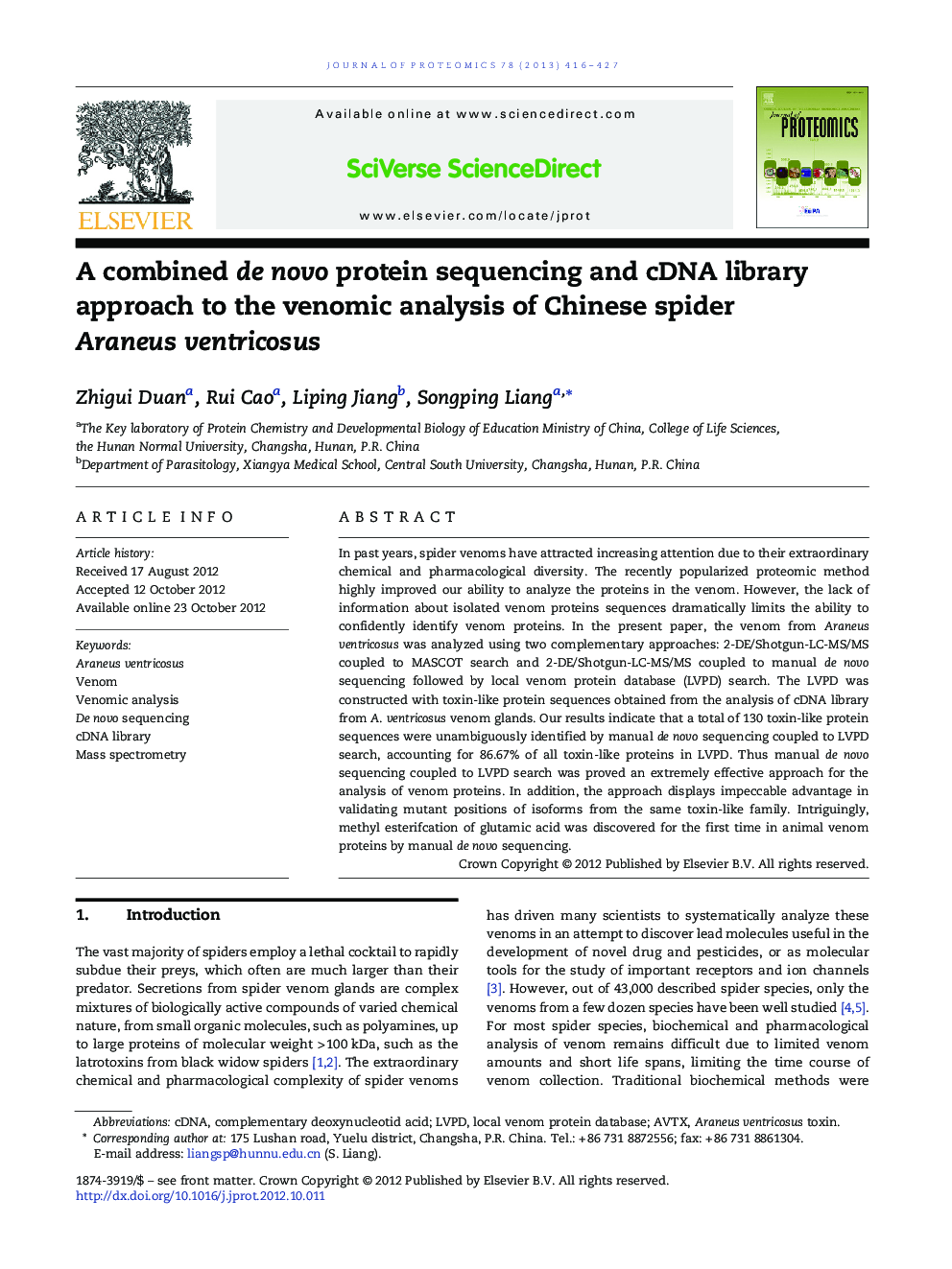 A combined de novo protein sequencing and cDNA library approach to the venomic analysis of Chinese spider Araneus ventricosus