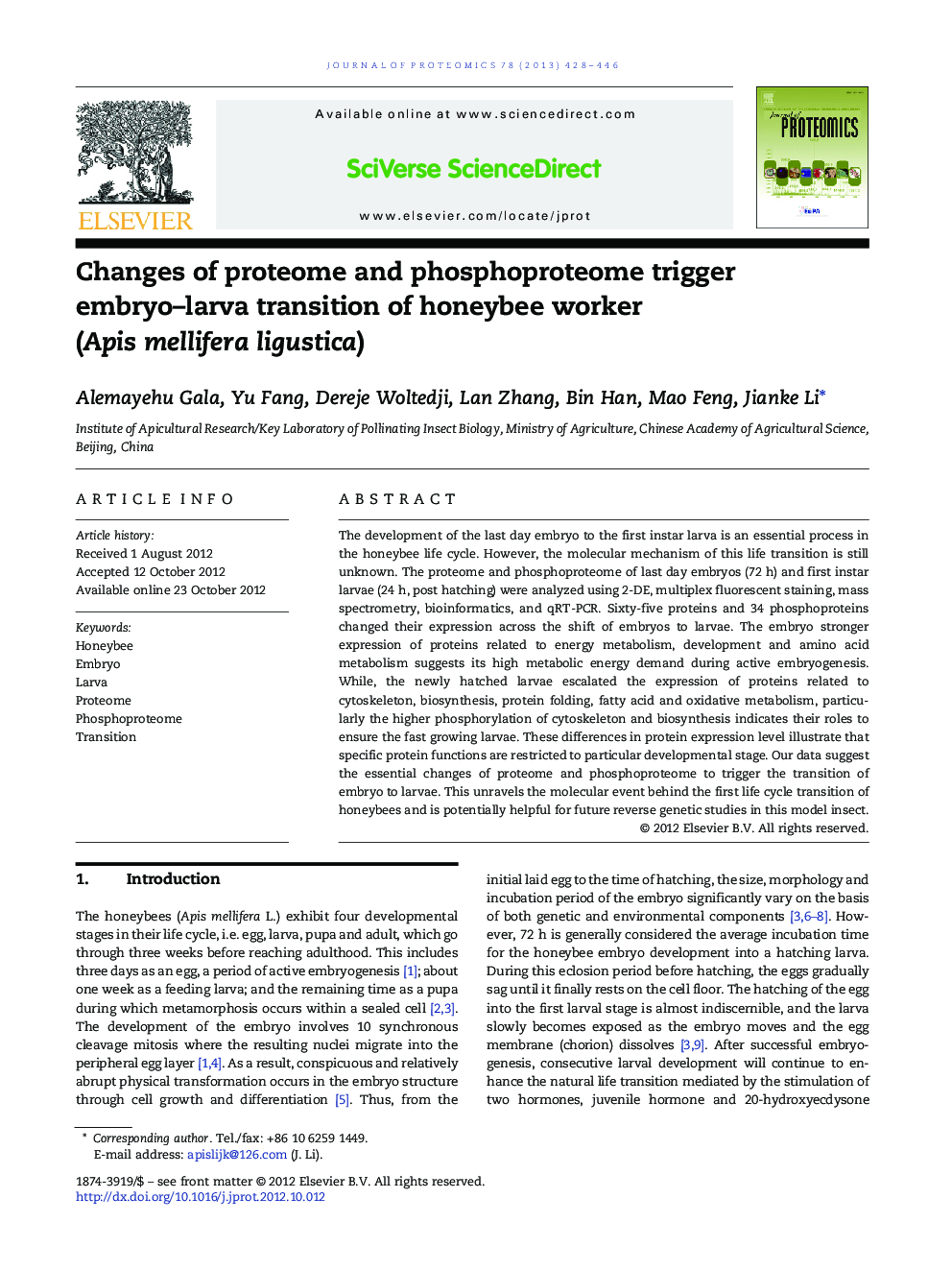 Changes of proteome and phosphoproteome trigger embryo–larva transition of honeybee worker (Apis mellifera ligustica)