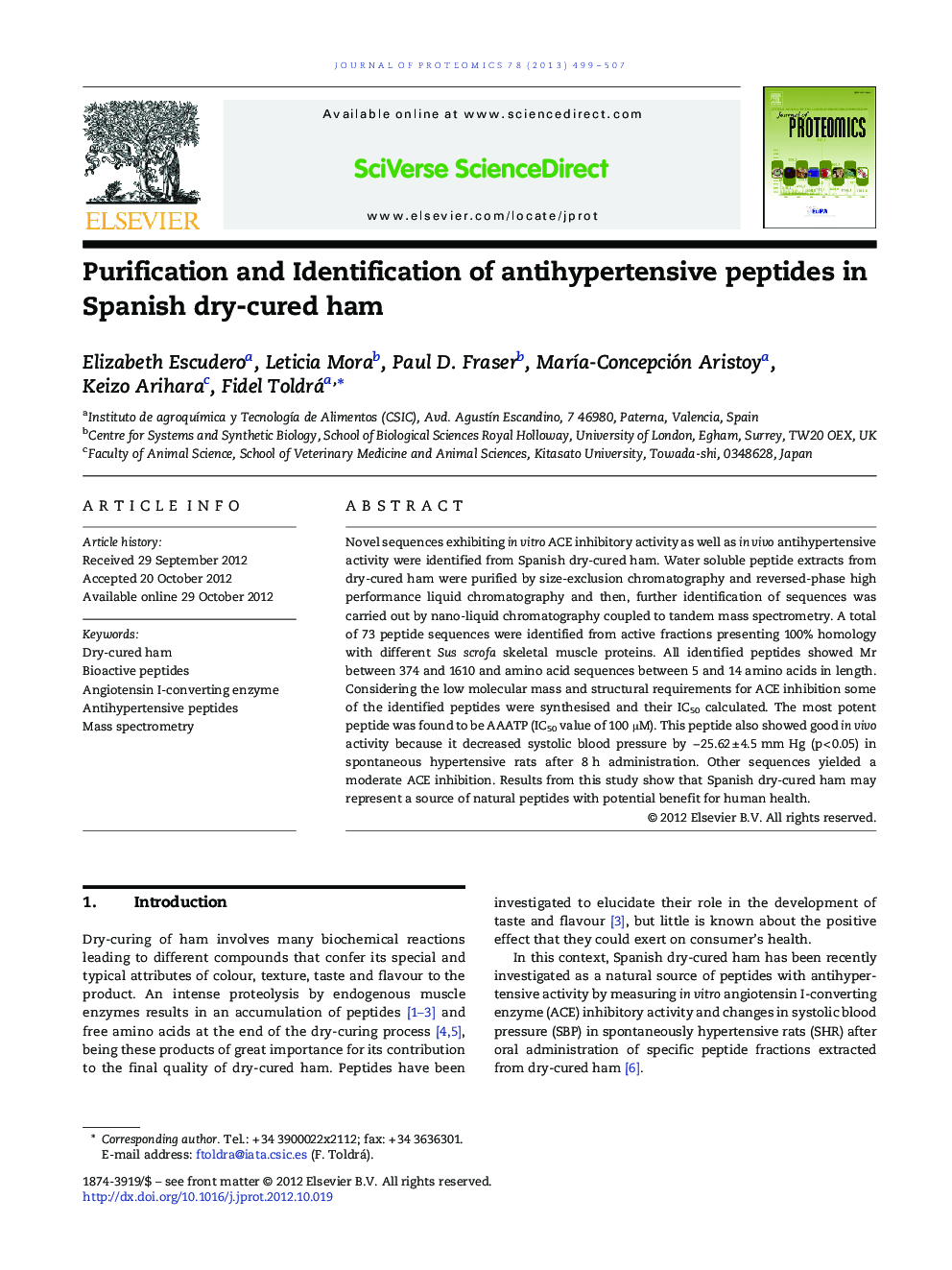 Purification and Identification of antihypertensive peptides in Spanish dry-cured ham