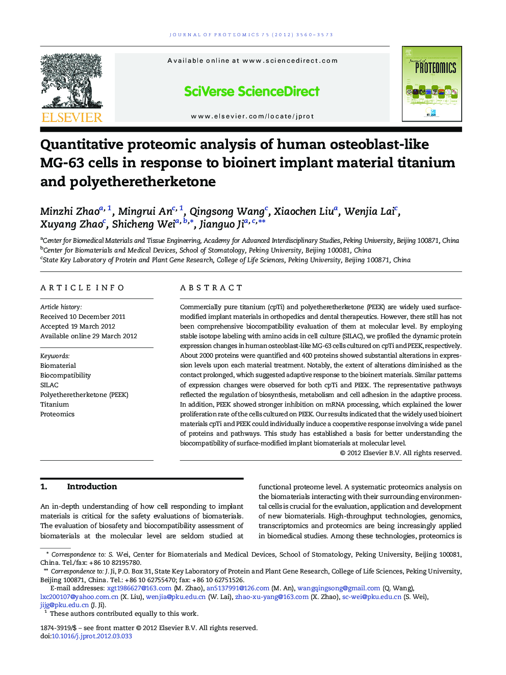 Quantitative proteomic analysis of human osteoblast-like MG-63 cells in response to bioinert implant material titanium and polyetheretherketone