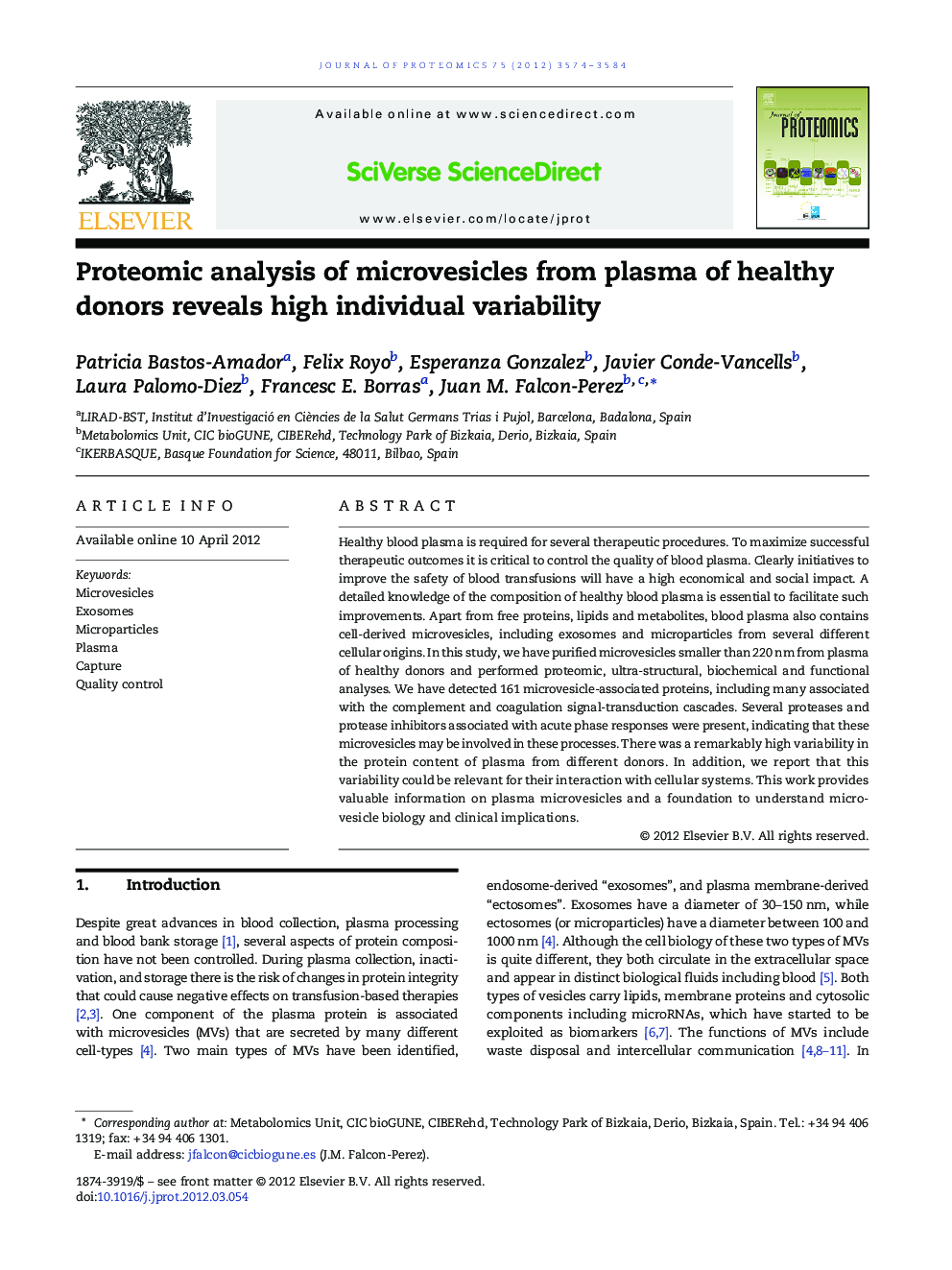 Proteomic analysis of microvesicles from plasma of healthy donors reveals high individual variability