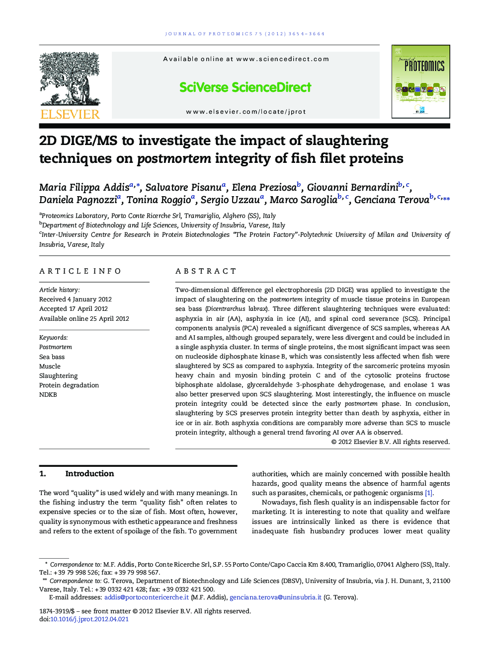 2D DIGE/MS to investigate the impact of slaughtering techniques on postmortem integrity of fish filet proteins