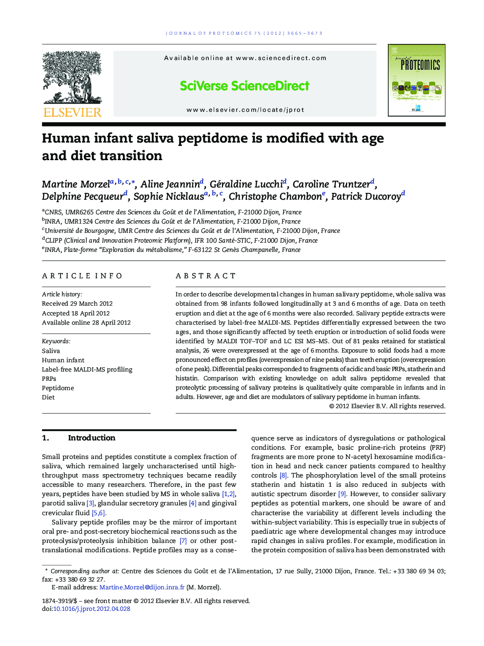 Human infant saliva peptidome is modified with age and diet transition