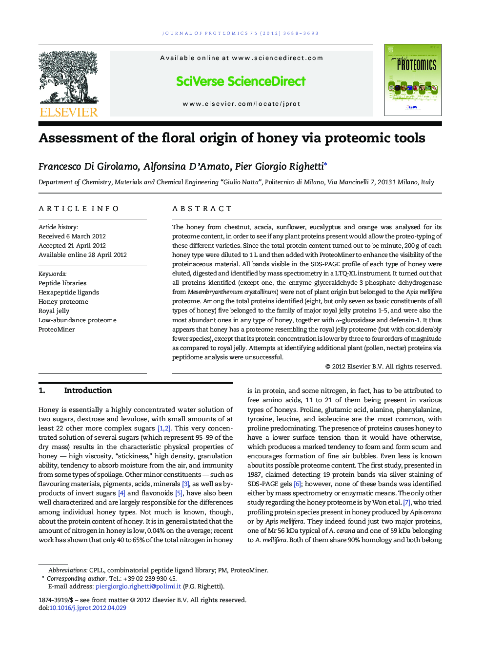 Assessment of the floral origin of honey via proteomic tools