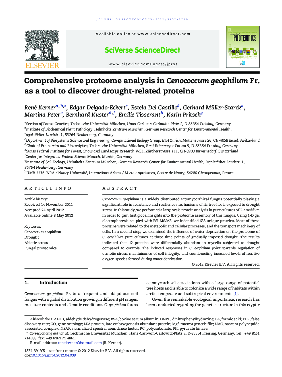 Comprehensive proteome analysis in Cenococcum geophilum Fr. as a tool to discover drought-related proteins