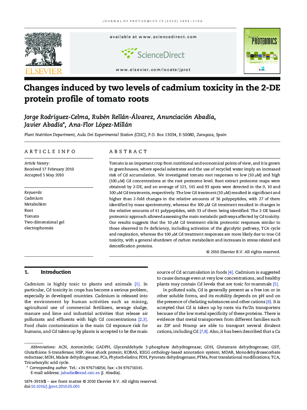 Changes induced by two levels of cadmium toxicity in the 2-DE protein profile of tomato roots
