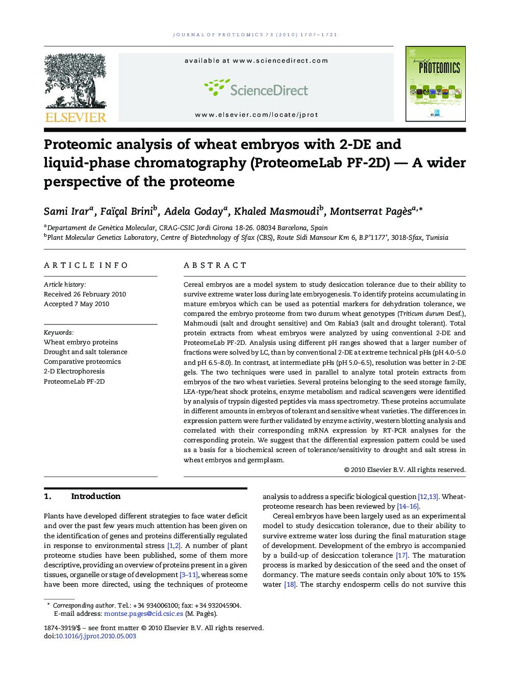 Proteomic analysis of wheat embryos with 2-DE and liquid-phase chromatography (ProteomeLab PF-2D) — A wider perspective of the proteome