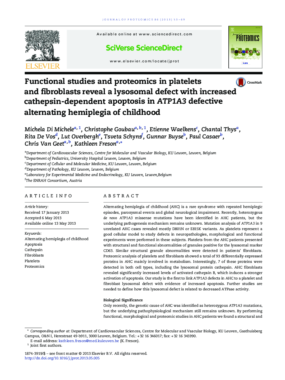 Functional studies and proteomics in platelets and fibroblasts reveal a lysosomal defect with increased cathepsin-dependent apoptosis in ATP1A3 defective alternating hemiplegia of childhood