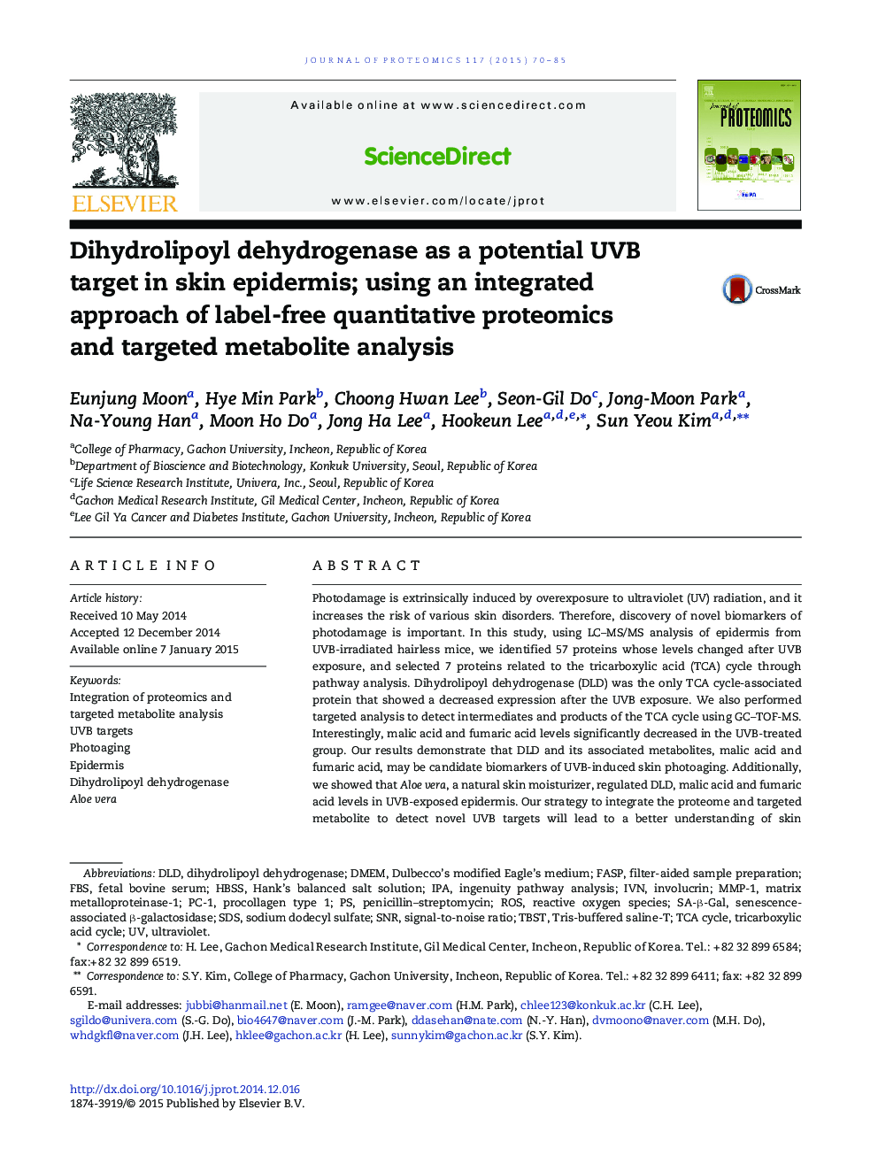 Dihydrolipoyl dehydrogenase as a potential UVB target in skin epidermis; using an integrated approach of label-free quantitative proteomics and targeted metabolite analysis