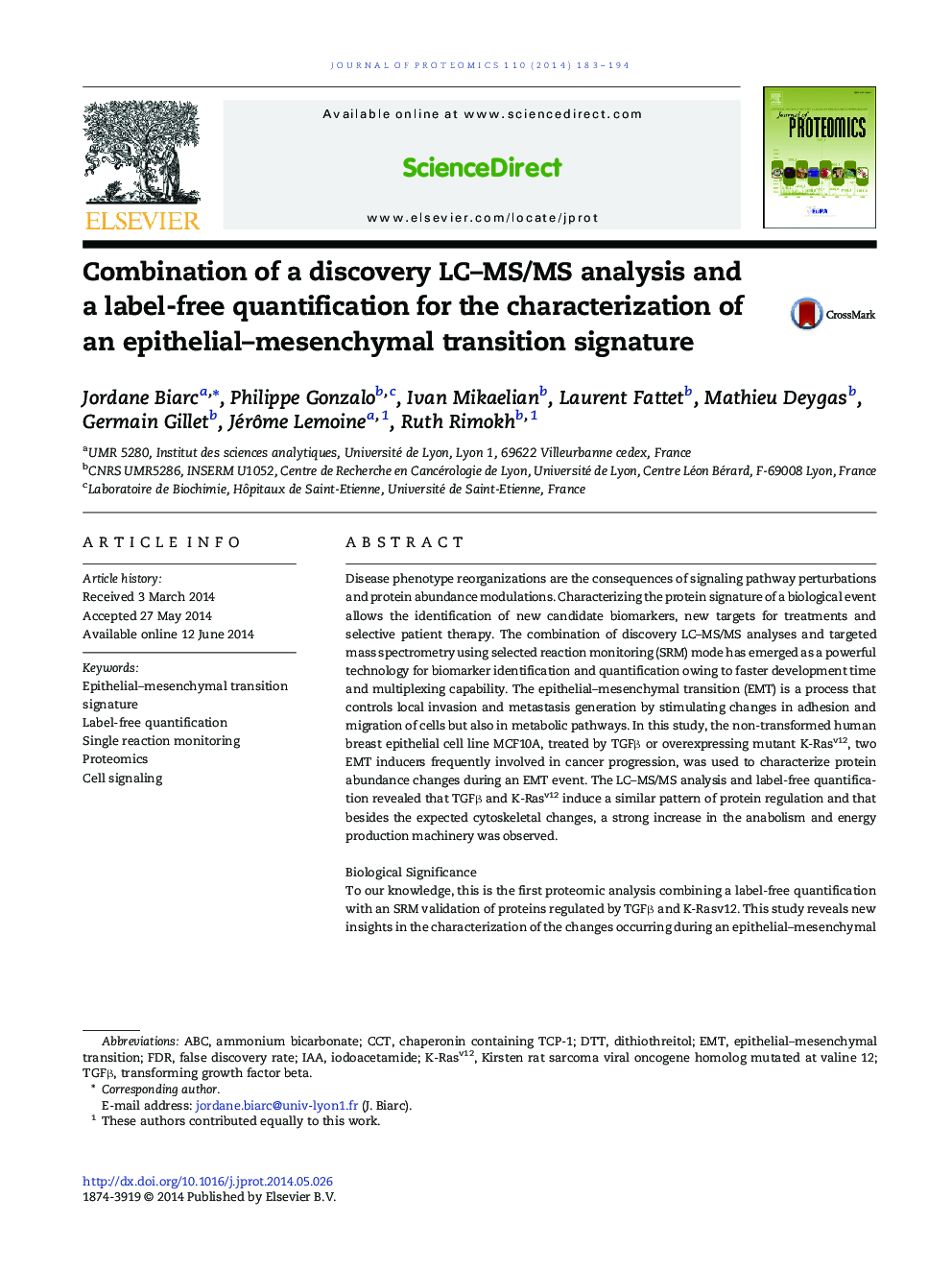 Combination of a discovery LC–MS/MS analysis and a label-free quantification for the characterization of an epithelial–mesenchymal transition signature