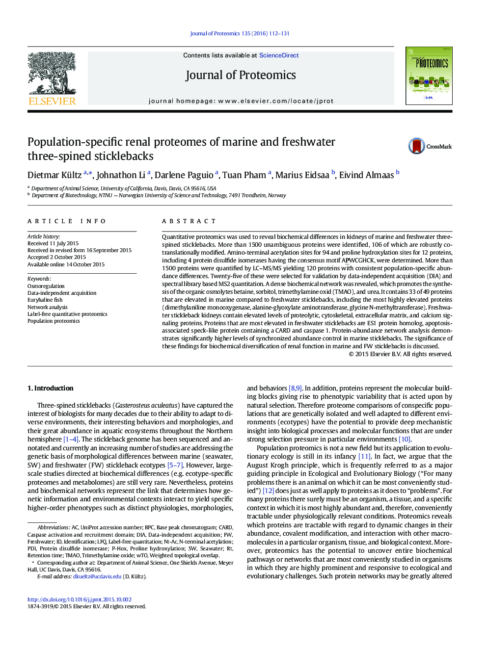 Population-specific renal proteomes of marine and freshwater three-spined sticklebacks