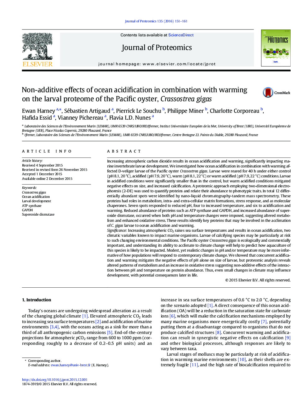 Non-additive effects of ocean acidification in combination with warming on the larval proteome of the Pacific oyster, Crassostrea gigas