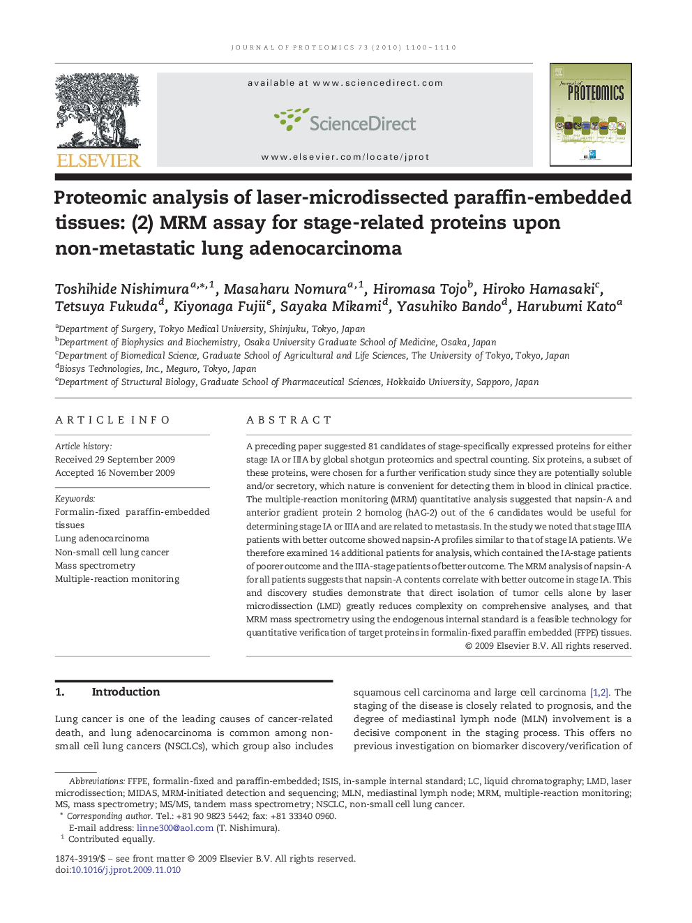 Proteomic analysis of laser-microdissected paraffin-embedded tissues: (2) MRM assay for stage-related proteins upon non-metastatic lung adenocarcinoma