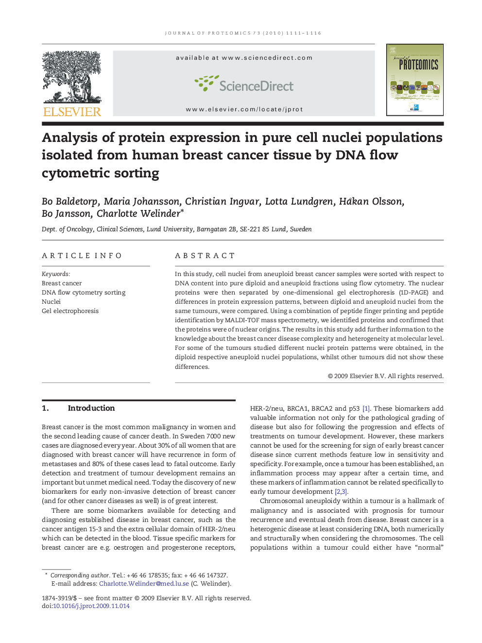 Analysis of protein expression in pure cell nuclei populations isolated from human breast cancer tissue by DNA flow cytometric sorting