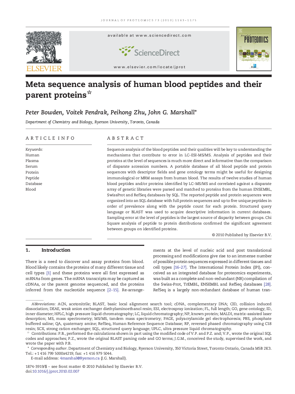 Meta sequence analysis of human blood peptides and their parent proteins 