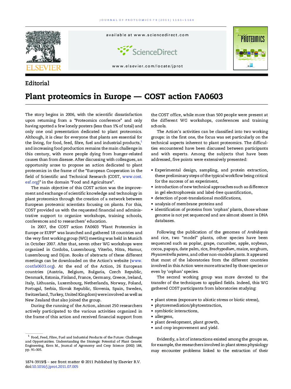Plant proteomics in Europe - COST action FA0603