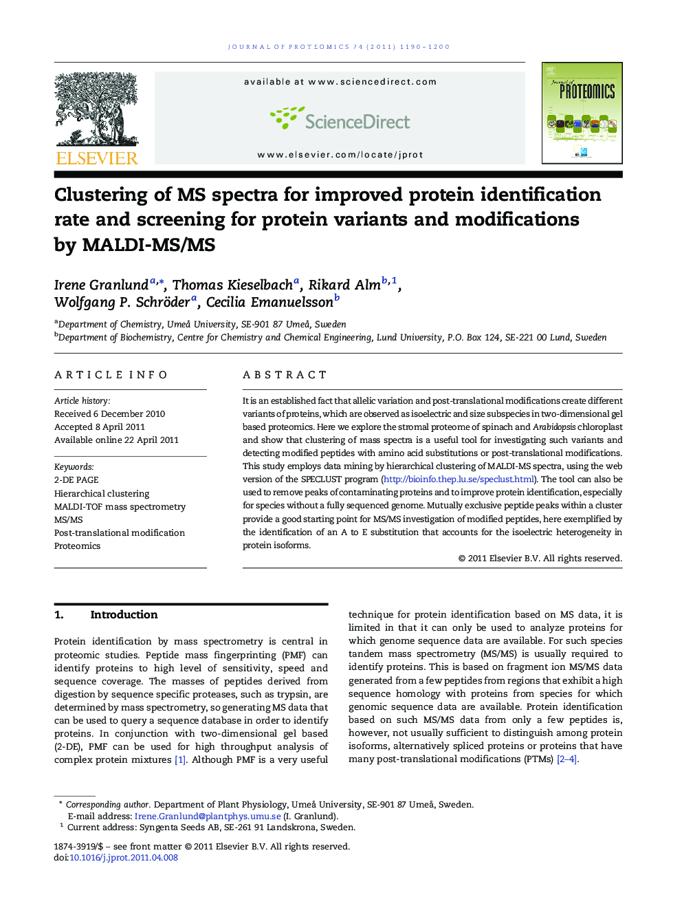 Clustering of MS spectra for improved protein identification rate and screening for protein variants and modifications by MALDI-MS/MS