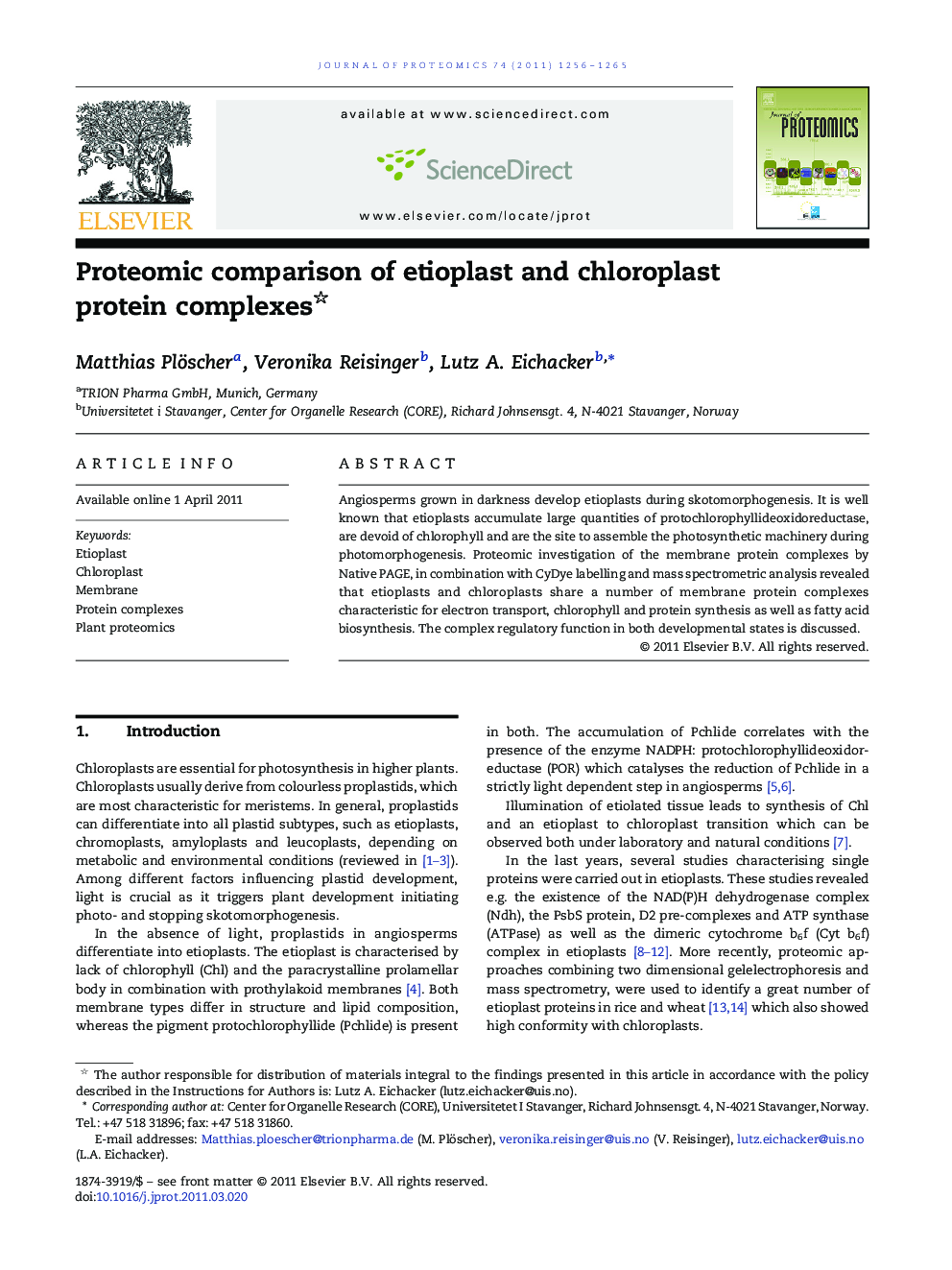 Proteomic comparison of etioplast and chloroplast protein complexes 