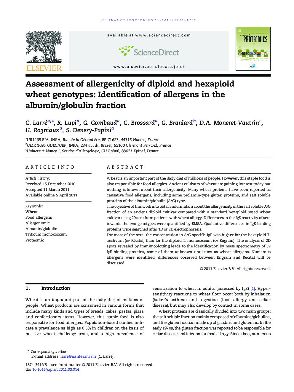 Assessment of allergenicity of diploid and hexaploid wheat genotypes: Identification of allergens in the albumin/globulin fraction