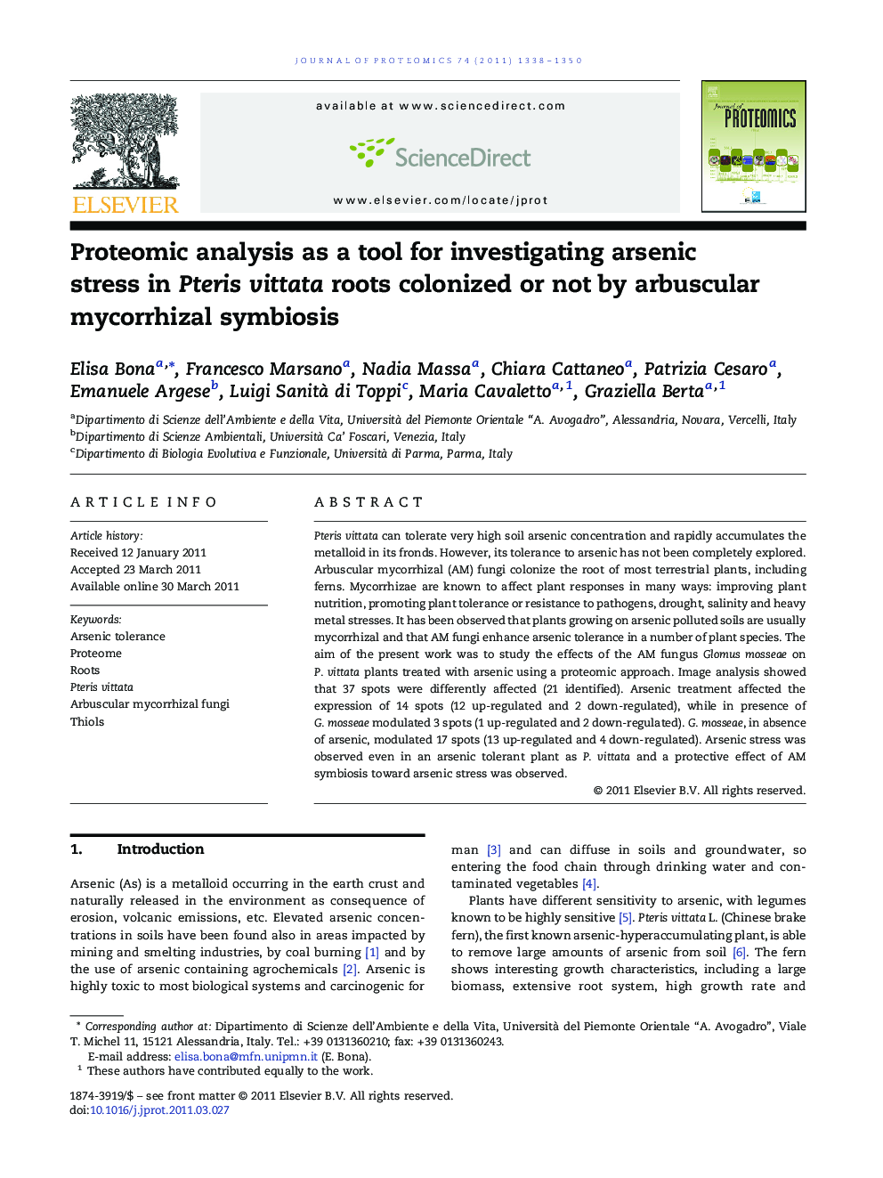 Proteomic analysis as a tool for investigating arsenic stress in Pteris vittata roots colonized or not by arbuscular mycorrhizal symbiosis