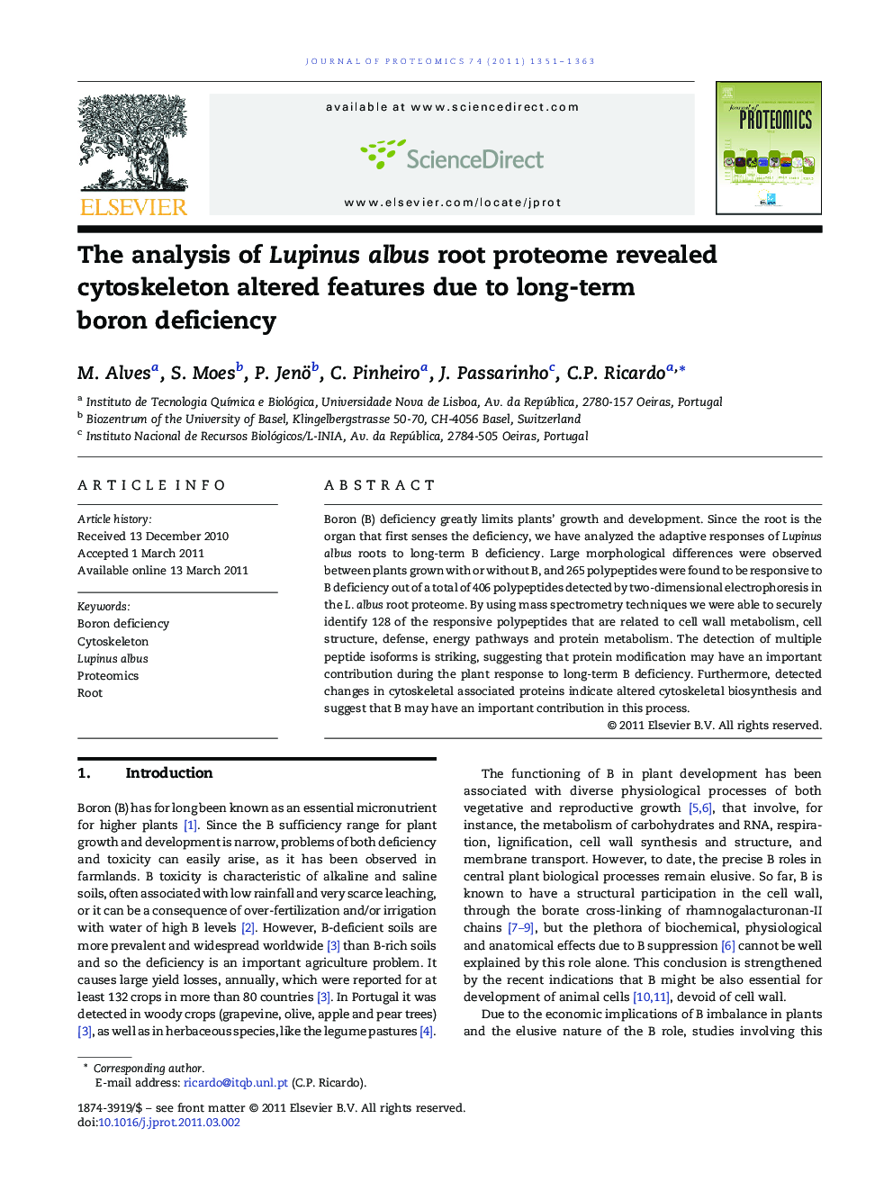 The analysis of Lupinus albus root proteome revealed cytoskeleton altered features due to long-term boron deficiency