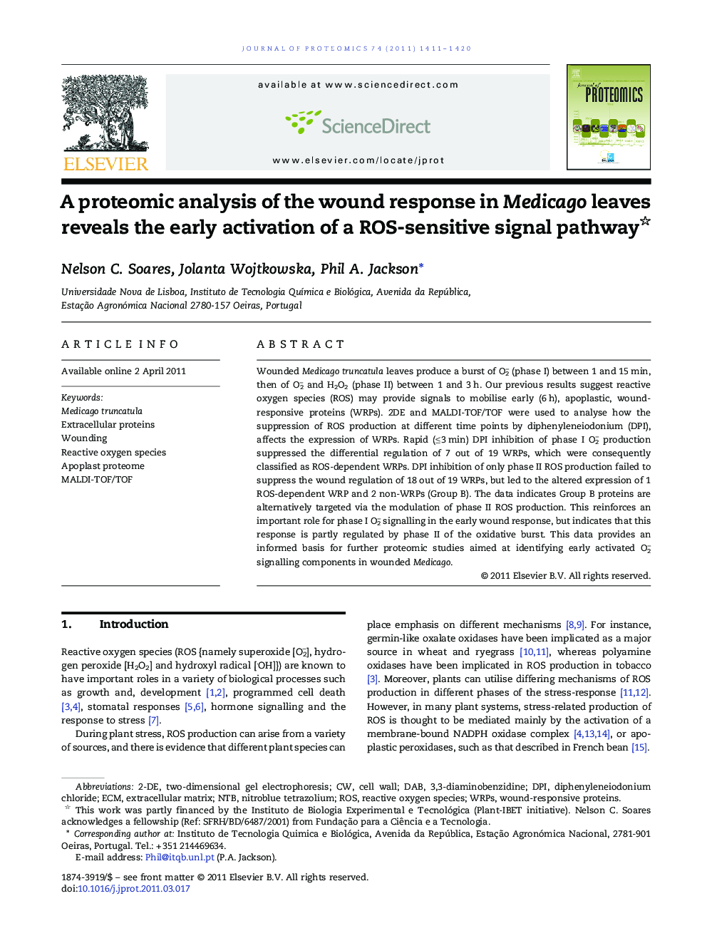 A proteomic analysis of the wound response in Medicago leaves reveals the early activation of a ROS-sensitive signal pathway 