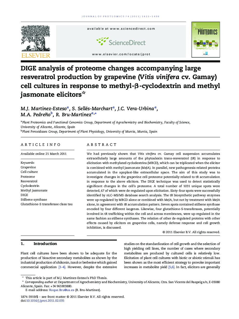 DIGE analysis of proteome changes accompanying large resveratrol production by grapevine (Vitis vinifera cv. Gamay) cell cultures in response to methyl-β-cyclodextrin and methyl jasmonate elicitors 