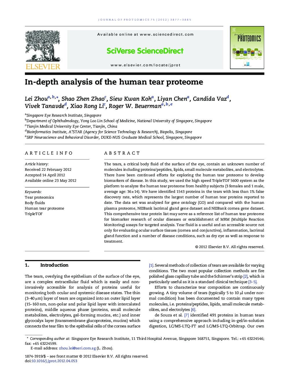 In-depth analysis of the human tear proteome