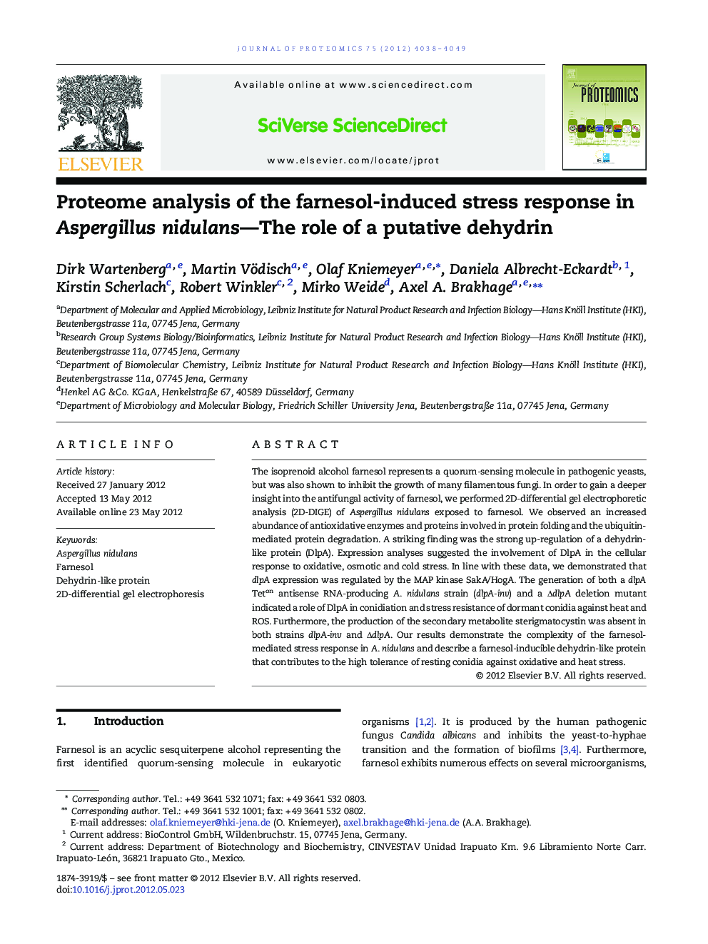 Proteome analysis of the farnesol-induced stress response in Aspergillus nidulans—The role of a putative dehydrin