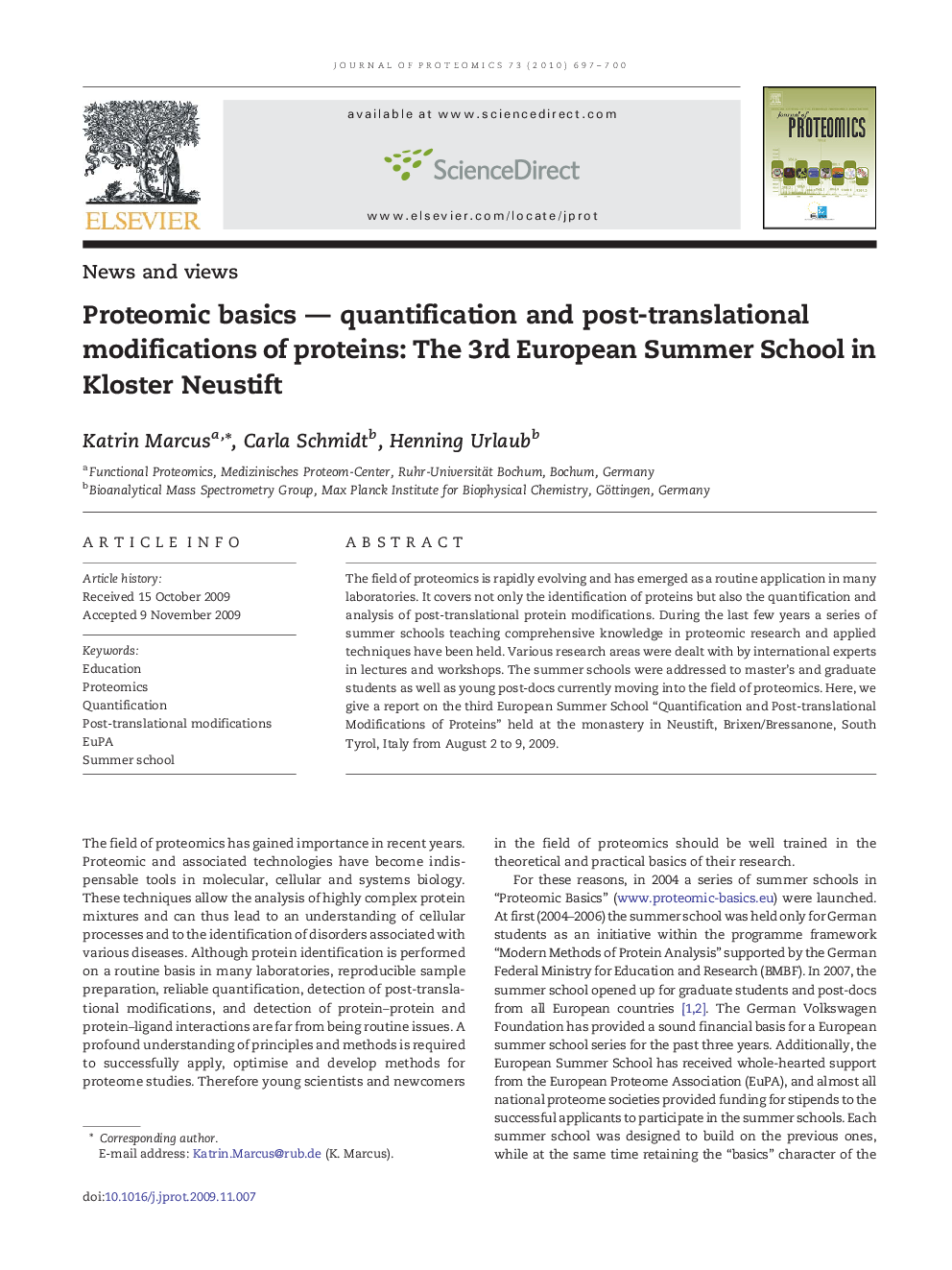 Proteomic basics — quantification and post-translational modifications of proteins: The 3rd European Summer School in Kloster Neustift