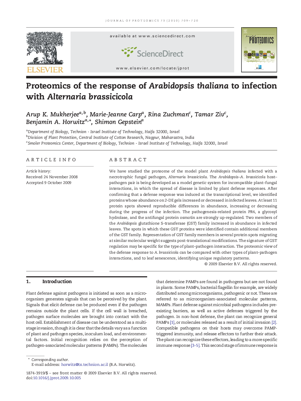Proteomics of the response of Arabidopsis thaliana to infection with Alternaria brassicicola