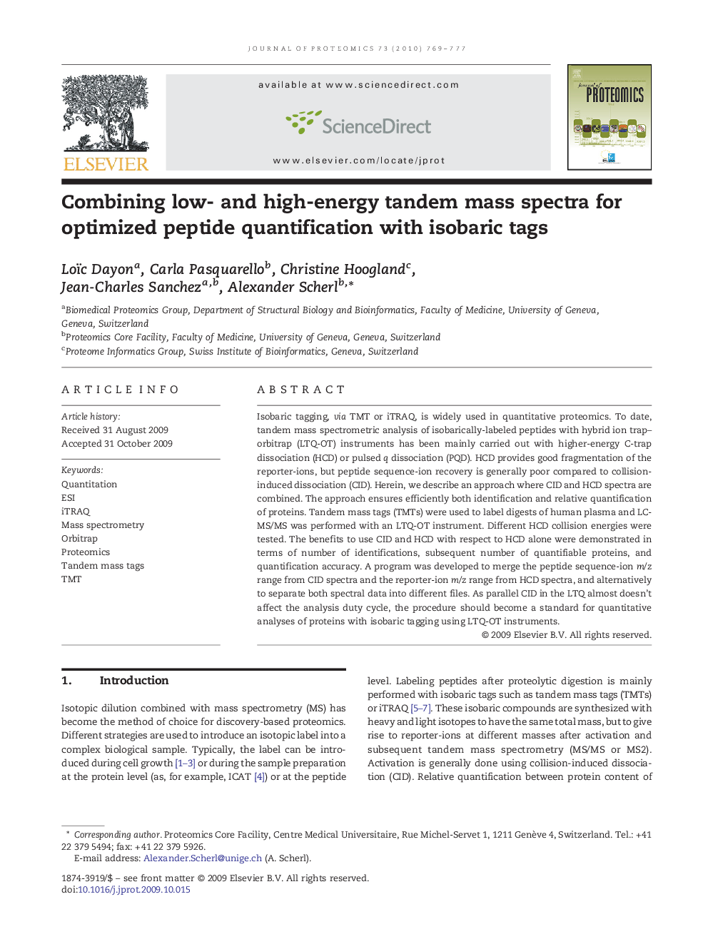 Combining low- and high-energy tandem mass spectra for optimized peptide quantification with isobaric tags