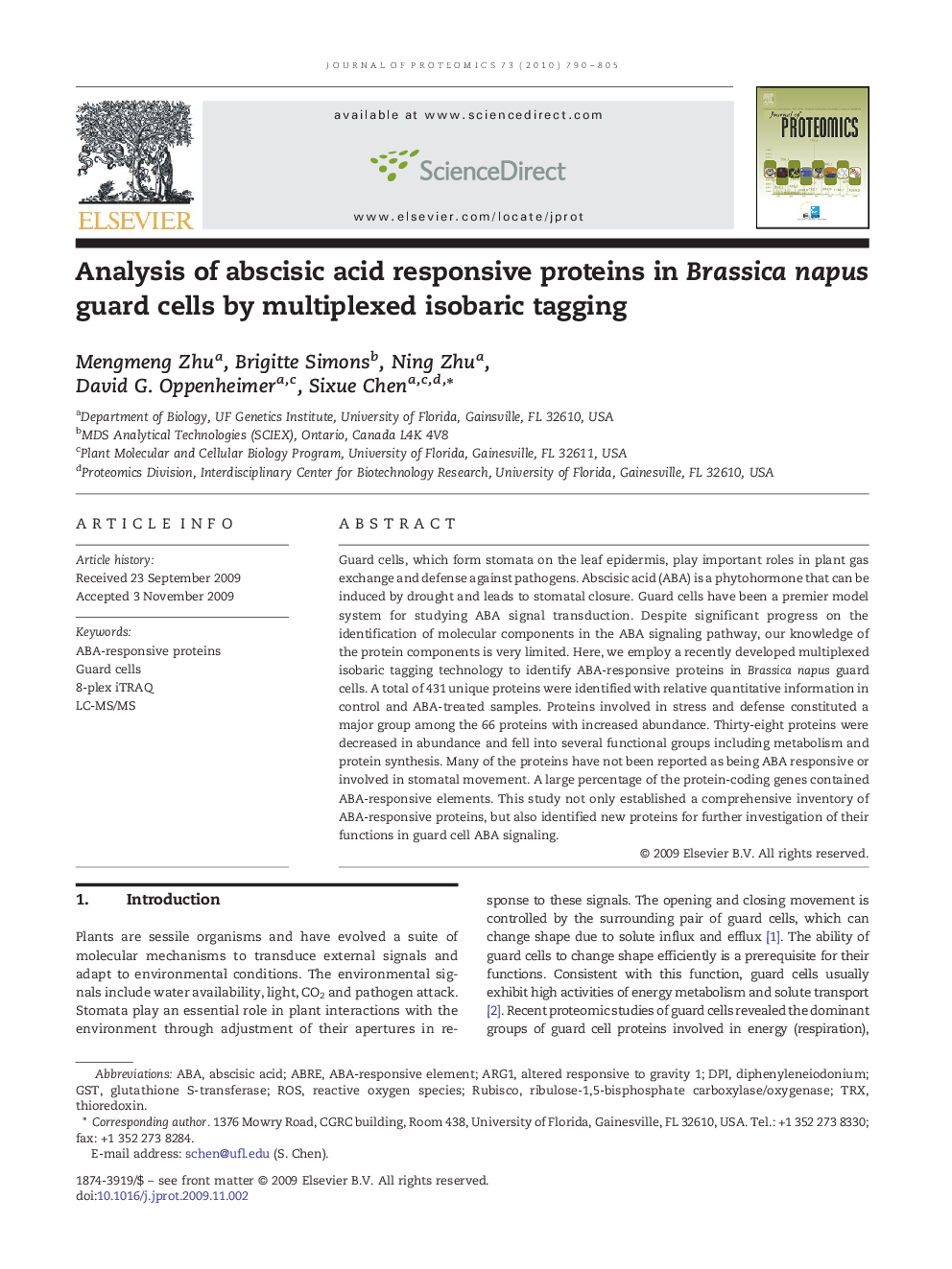 Analysis of abscisic acid responsive proteins in Brassica napus guard cells by multiplexed isobaric tagging