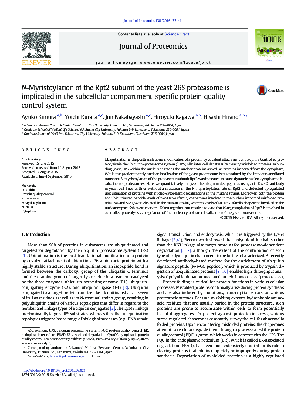 N-Myristoylation of the Rpt2 subunit of the yeast 26S proteasome is implicated in the subcellular compartment-specific protein quality control system