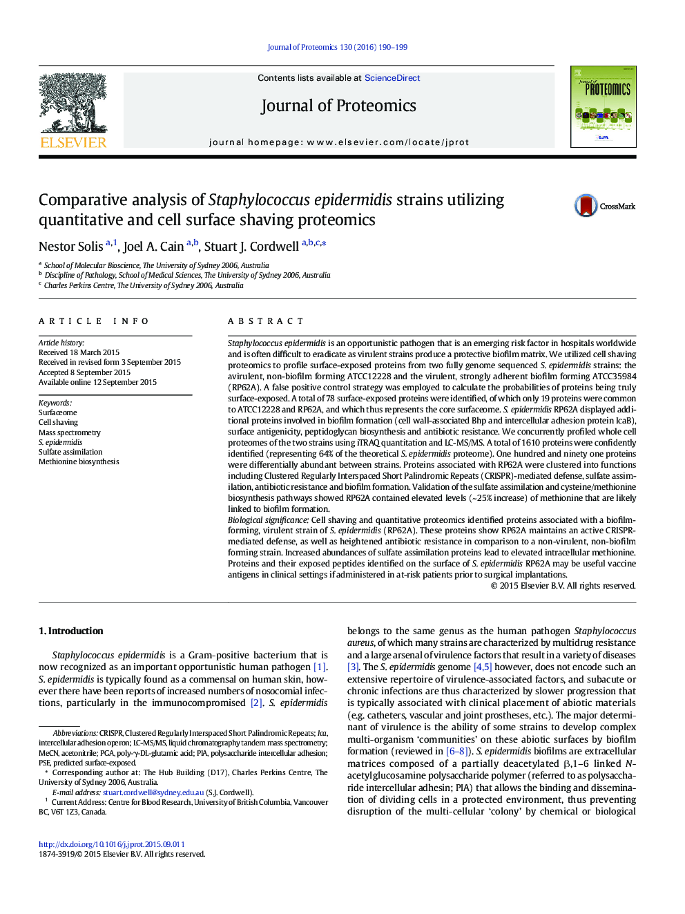 Comparative analysis of Staphylococcus epidermidis strains utilizing quantitative and cell surface shaving proteomics