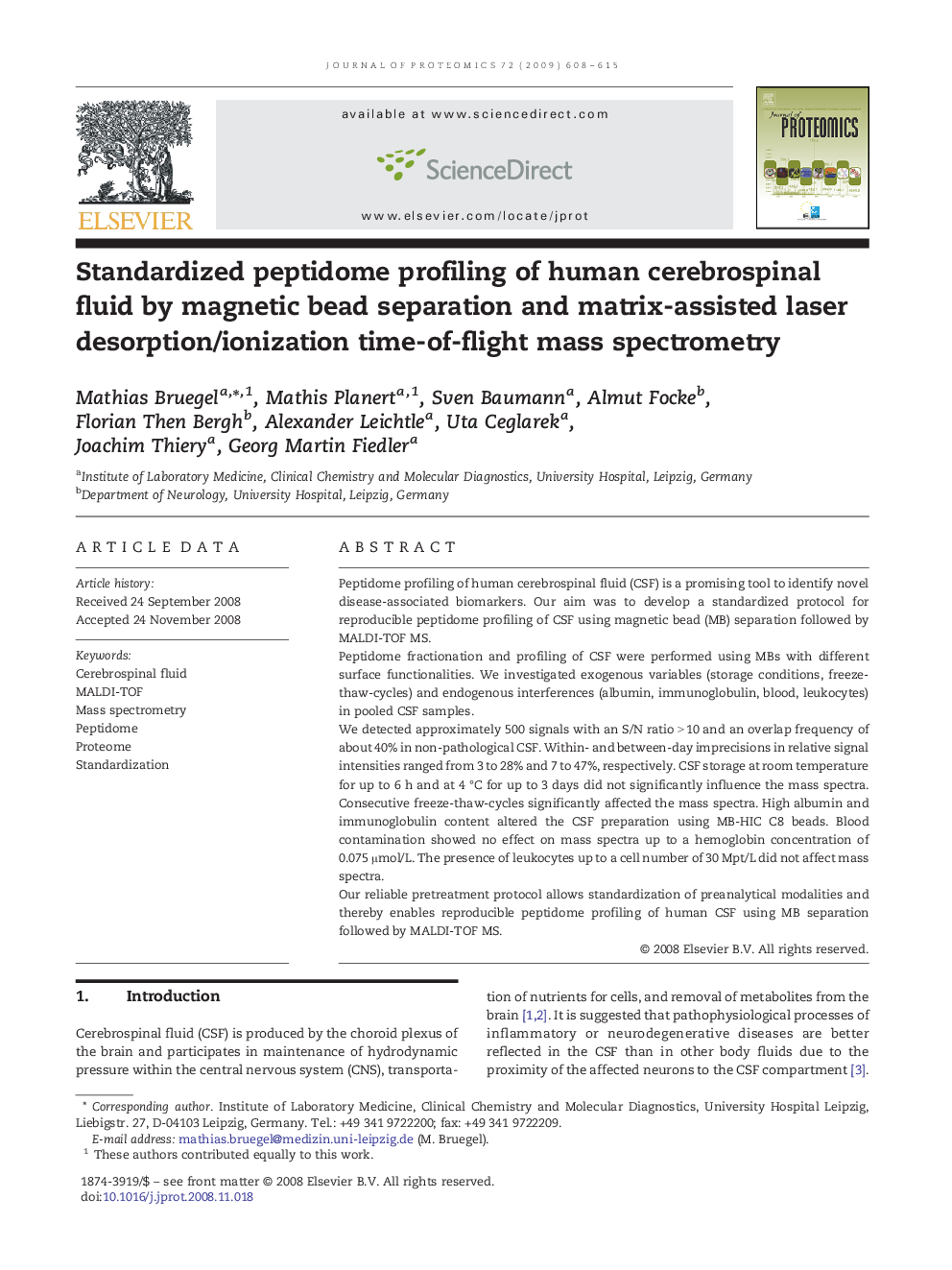 Standardized peptidome profiling of human cerebrospinal fluid by magnetic bead separation and matrix-assisted laser desorption/ionization time-of-flight mass spectrometry