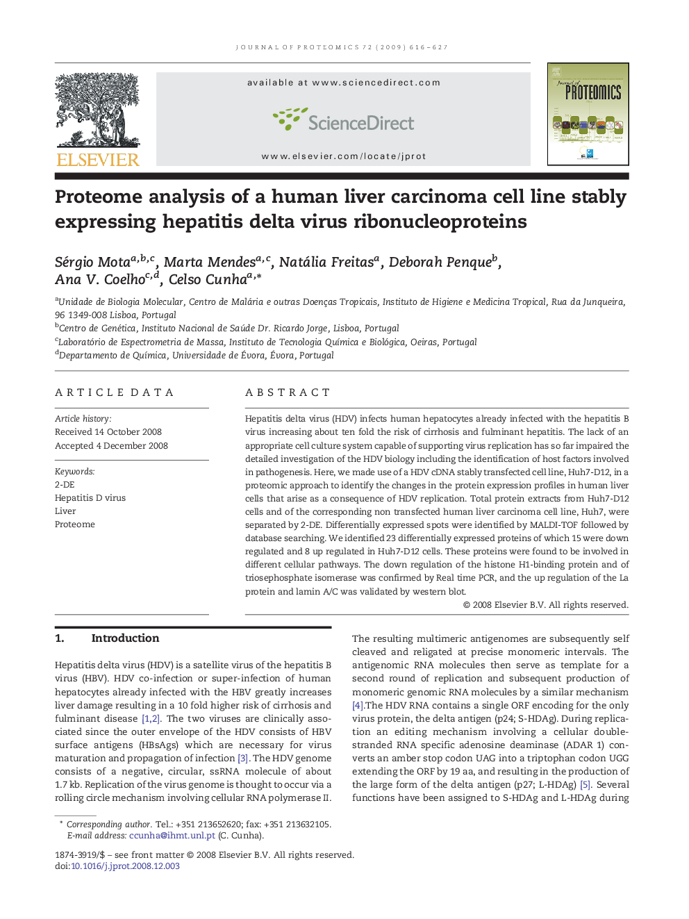 Proteome analysis of a human liver carcinoma cell line stably expressing hepatitis delta virus ribonucleoproteins