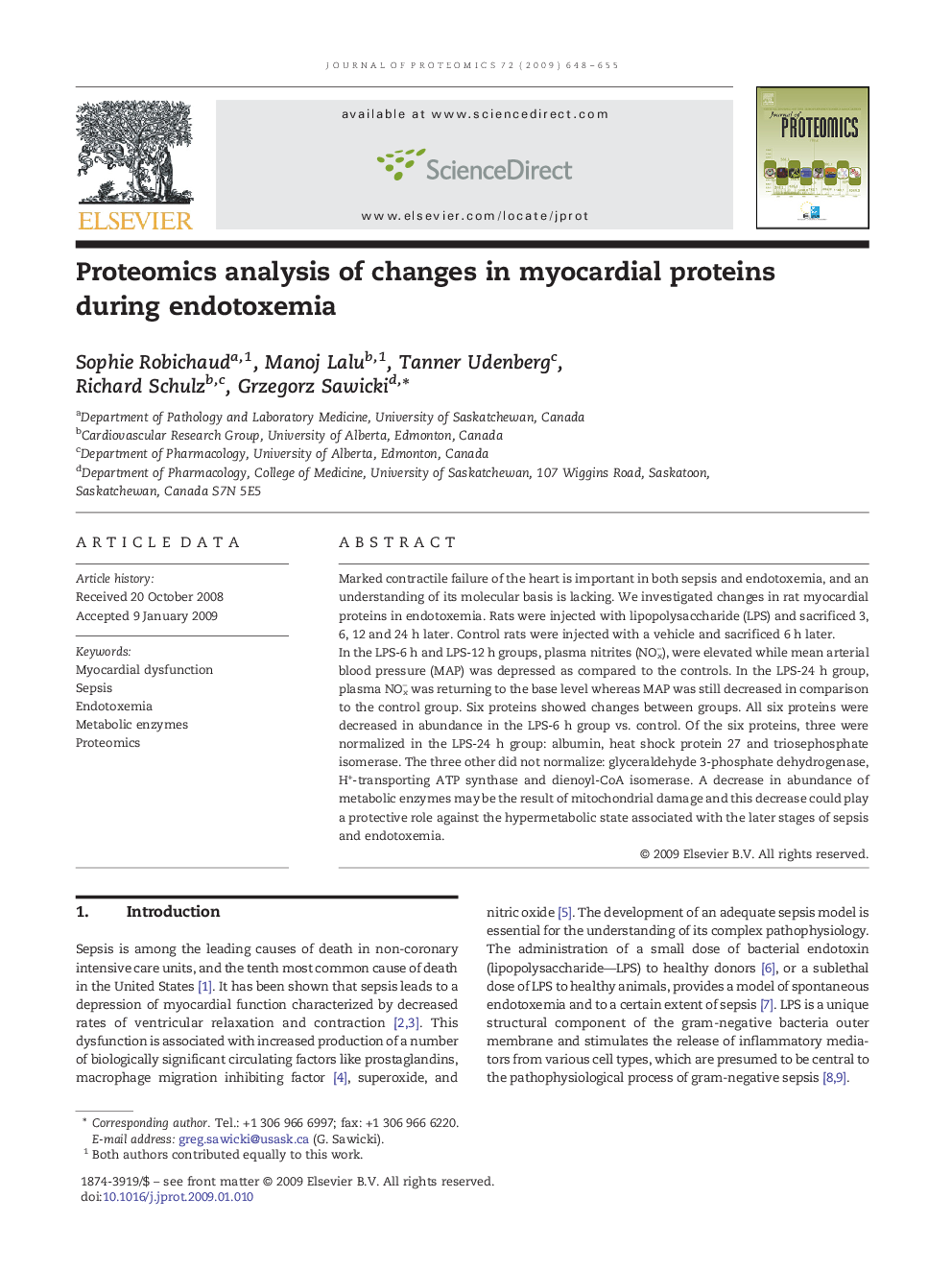 Proteomics analysis of changes in myocardial proteins during endotoxemia