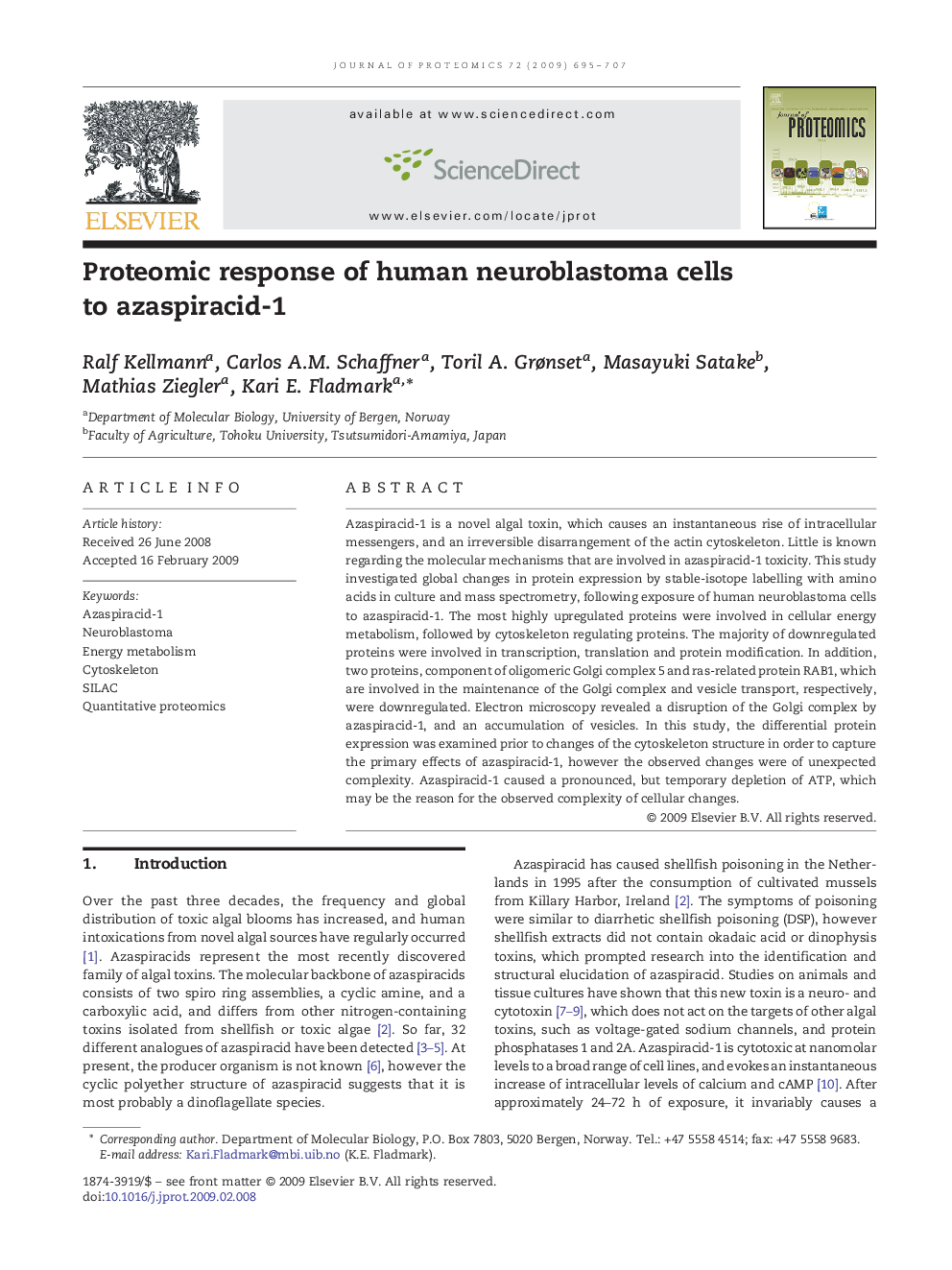 Proteomic response of human neuroblastoma cells to azaspiracid-1