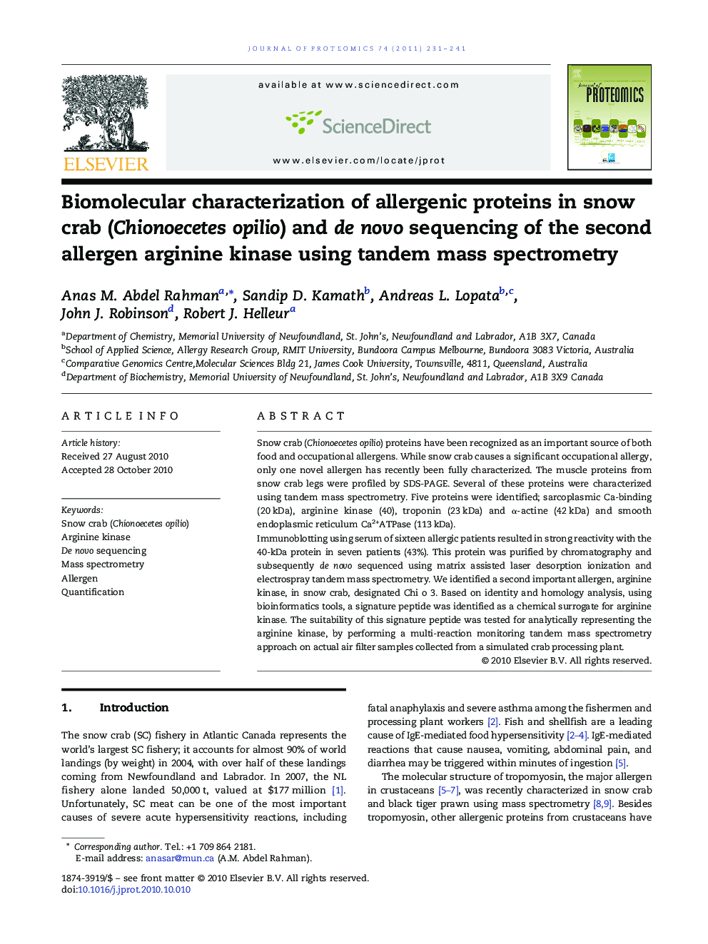 Biomolecular characterization of allergenic proteins in snow crab (Chionoecetes opilio) and de novo sequencing of the second allergen arginine kinase using tandem mass spectrometry